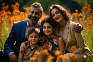 indiano uma família segurando crianças dentro seus braços dentro uma parque foto