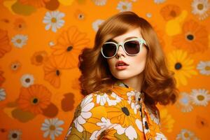 lindo modelo menina em laranja fundo foto