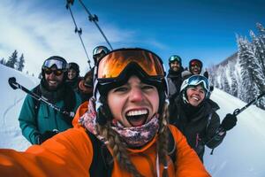 uma grupo do pessoas vestindo esqui equipamento leva uma selfie juntos foto