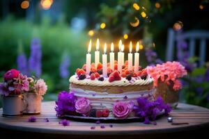 aniversário bolo em de madeira mesa com velas dentro jardim. foto