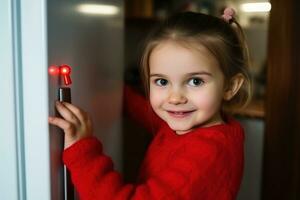 uma menina dentro uma vermelho vestir com Gravetos uma magnético para a frigorífico. foto