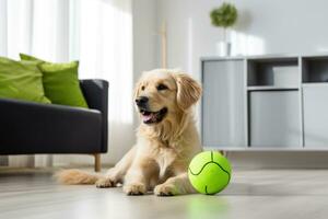 uma cachorro é jogando com uma verde bola dentro uma vivo quarto foto