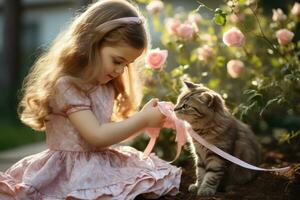 menina jogando com uma gato com uma fita dentro a jardim foto