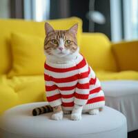 vermelho listrado gato senta dentro uma branco suéter em uma amarelo sofá. foto