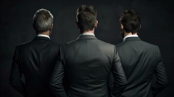 três o negócio pessoas com seus costas virou contra em cinzento fundo. foto