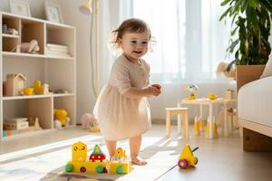 menina jogando com brinquedos dentro uma berçário com amarelo paredes foto