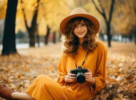 lindo fêmea outono mulher com Câmera dentro parque foto