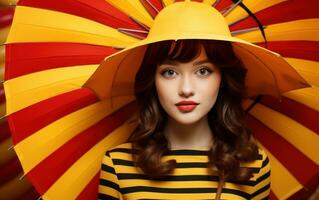 jovem fêmea menina segurando amarelo guarda-chuva contra uma colorida fundo foto