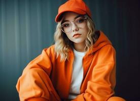 moda mulher dentro branco e laranja cores foto