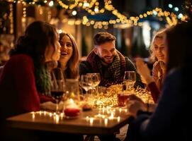 pessoas às uma mesa a comemorar Natal com brilhante espumante luzes foto