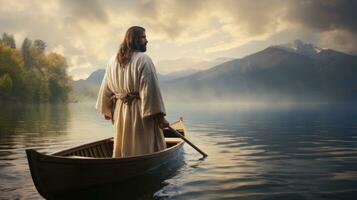 Jesus caminhando em direção a uma canoa dentro a lago foto