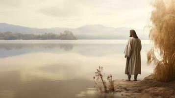 Jesus caminhando em direção a uma canoa dentro a lago foto