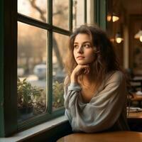 jovem mulher dentro rua cafeteria foto