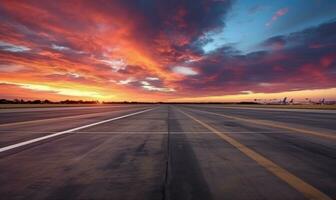 a pôr do sol com a aeroporto pista dentro a distância foto