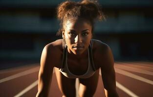 mulher alongamento exercício dentro atletismo em rastrear foto