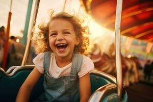 fofa pequeno menina rindo às carnaval passeio foto