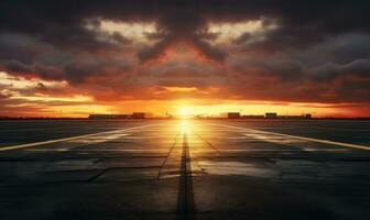 a pôr do sol com a aeroporto pista dentro a distância foto