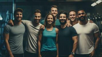 uma grupo do feliz pessoas posando dentro uma Academia foto