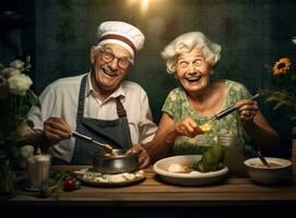 velho casal cozinhando às a cozinha foto