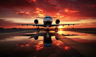 a Sol é configuração atrás uma avião em a aeroporto foto