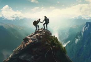 dois pessoas ajudando cada de outros em uma montanha topo foto