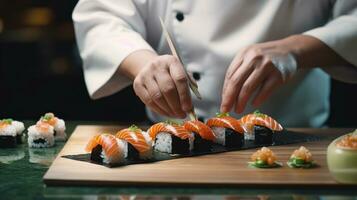 chefe de cozinha faz Sushi foto