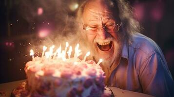 velho homem com aniversário bolo foto