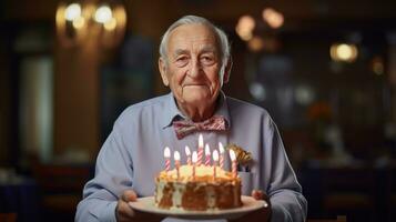 velho homem com aniversário bolo foto