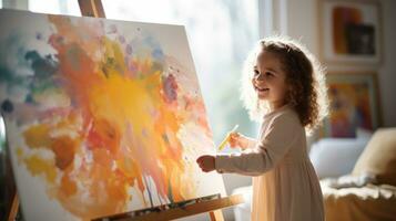 uma pequeno menina pintura a abstrato pintura em a cavalete foto