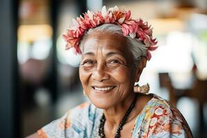 uma sorridente Senior mulher é sentado às uma cafeteria foto