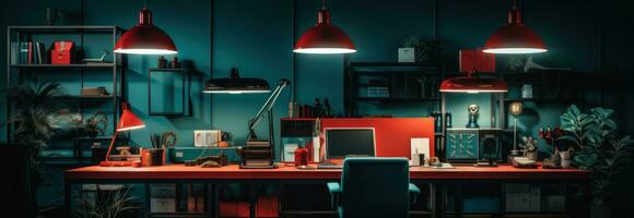 vermelho lâmpadas com azul iluminação dentro a escritório foto