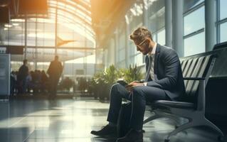 homem de negocios dentro aeroporto terminal foto