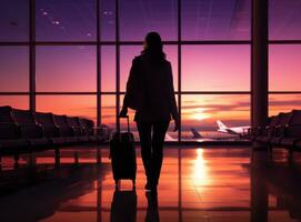 empresária carregando bagagem caminhando por aí com Móvel telefone dentro a aeroporto foto