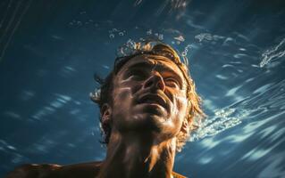 uma nadador realizando uma mergulho dentro uma natação piscina foto