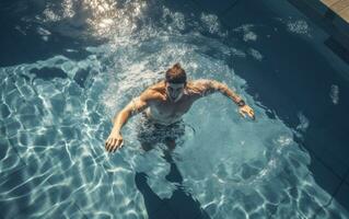 uma nadador realizando uma mergulho dentro uma natação piscina foto