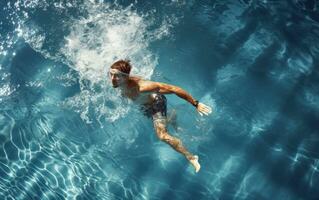 uma nadador realizando uma mergulho dentro uma natação piscina foto