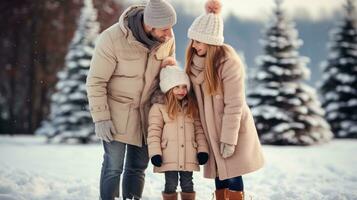 feliz família fazer uma boneco de neve em a quadrado com uma Natal árvore foto