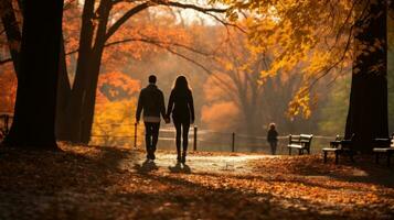 casal caminhando dentro parque com outono folhagem foto