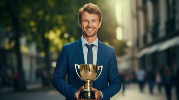 sucesso homem de negocios segurando troféu com radiante sorrir foto