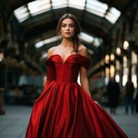 mulher dentro elegante vermelho vestido com trem foto