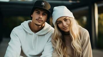 jovem casal dentro na moda streetwear foto
