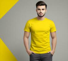 jovem homem vestindo em branco amarelo t camisa brincar impressão apresentação brincar ai gerar foto