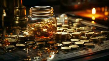 ouro moedas dinheiro em a mesa. o negócio finança e riqueza acumulação conceito foto