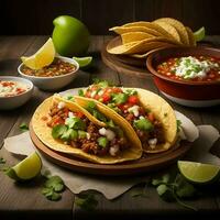 mexicano tacos em uma prato com uma tigela do salsa, ai generativo foto