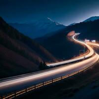 comovente carro luzes em rodovia debaixo noite céu, grandes exposição, ai generativo foto