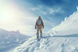 caminhante caminhando em Nevado trilha dentro a montanhas. aventura e sucesso conceito, extremo snowboard em a neve, traseiro visualizar, não visível rostos, ai gerado foto
