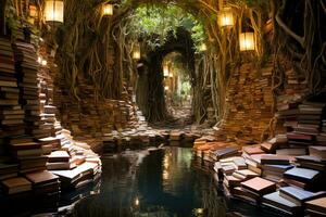 pilha do velho livros dentro a floresta. conceito do Educação e conhecimento, entrar uma caprichoso literário país das maravilhas, Onde flutuando livros crio encantador caminhos do palavras e Ideias, ai gerado foto