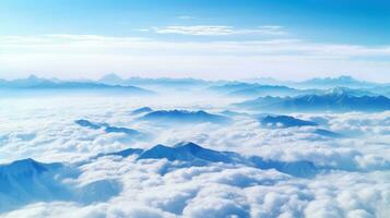 aéreo Visão branco nuvens dentro azul céu. topo. Visão a partir de drone. aéreo pássaro olho. aéreo topo Visão cloudscape. céu fundo, generativo ai ilustração foto