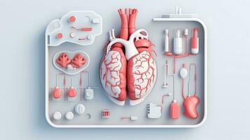 3d ilustração brincar do a humano órgão sistema, anatomia, nervoso, circulatório, digestivo, excretor, urinário, e osso sistemas. médico Educação conceito, generativo ai ilustração foto