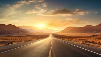 panorama com país estrada, esvaziar asfalto estrada em pôr do sol fundo. multicolorido vibrante ao ar livre horizontal imagem, generativo ai ilustração foto